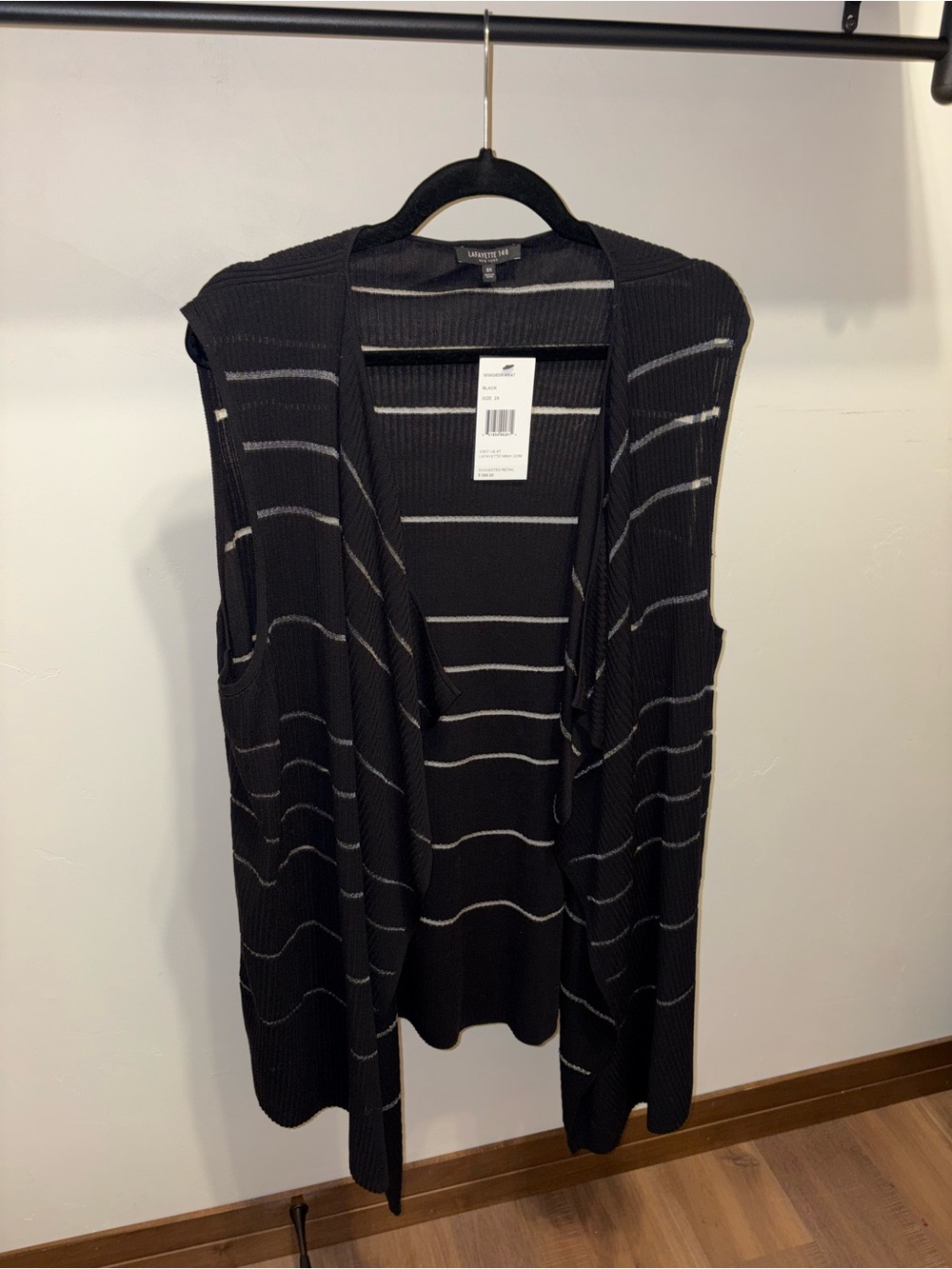 NWT Lafayette 148 New York Black Knit Sleeveless Cardigan with Silver Stripes
